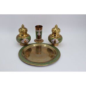 Vintage Thai Brass Salt & Pepper Shakers With Toothpick Holder & Tray Hand-Paint